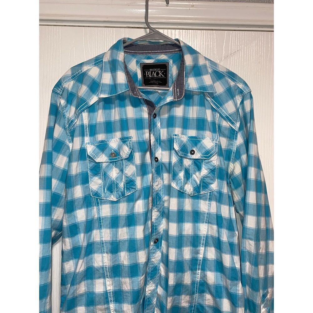 Buckle Black Western Shirt Mens Large Blue White Plaid Athletic Fit Flip‎ Cuff